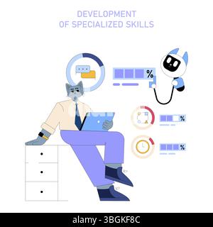 KI-gestützte Produktivitätssteigerung für mittelständische Unternehmen, dargestellt mit einem Wolfscharakter in der Geschäftskleidung, bei der Daten auf einem Notebook analysiert werden. Stock Vektor