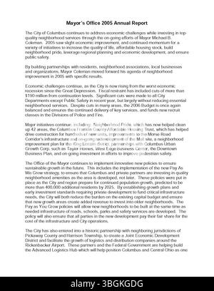 Der Jahresbericht 2005 der Stadt Columbus (Seite 38) enthält detaillierte Finanzberichte, einschließlich der Einnahmen und Ausgaben, vom Stadtschatzmeister, dem Stadtschatzmeister und dem Komitee der Wege und Mittel. Stockfoto