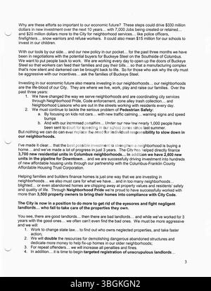 Die Pressemitteilungen von Bürgermeister Michael Coleman aus dem Jahr 2003 spiegeln seine Führung als erster afroamerikanischer Bürgermeister von Columbus wider, eine Position, die er von 2000 bis 2016 innehatte. Er war auch Präsident des Stadtrates vor seiner Bürgermeisterlaufbahn. Stockfoto