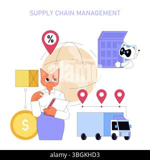 KI verbessert das Supply Chain Management in globalen Unternehmen. Die Abbildung zeigt eine Figur, die Logistik, automatisierte Prozesse und finanzielle Elemente analysiert und Effizienz und Modernität veranschaulicht. Vektorabbildung. Stock Vektor