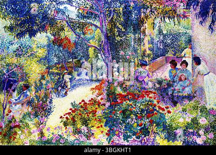 Nachmittag im Garten von Henri Edmond Cross 1906 - neo-impressionistisches Pointillistisches Gemälde der Frau im sonnigen Garten - Public Domain Meisterwerk Stockfoto