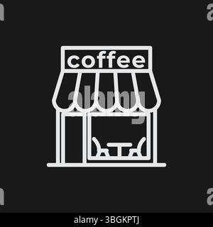 Coffee Shop Front mit Markise, Tisch und „Coffee“ Schild auf schwarzem Hintergrund, das Café oder Business repräsentiert, weißes Outline-Symbol Stock Vektor