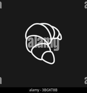 Croissant-Gebäck auf schwarzem Hintergrund, das Frühstück, Bäckerei oder französisches Essen repräsentiert, weißes Outline-Symbol Stock Vektor