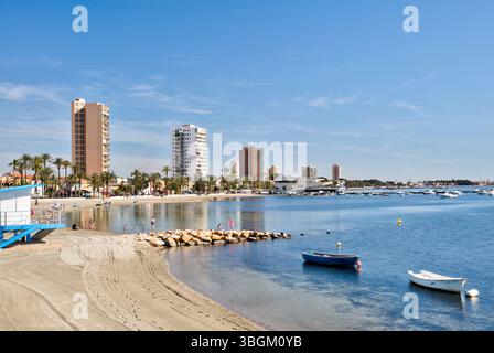 Playa Barnuevo, Boote, Idylle, Architektur, Santiago de la Ribera, Mar Menor, autonome Region Murcia, Spanien, Stockfoto