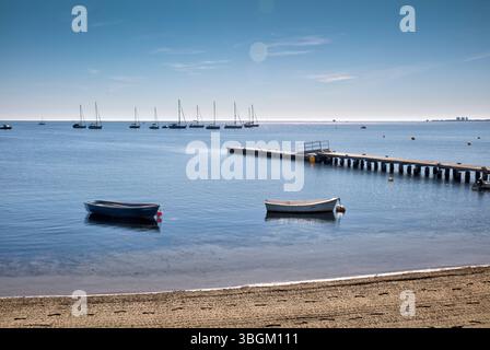 Playa Barnuevo, Steg, Boote, Idyll, Santiago de la Ribera, Mar Menor, autonome Region Murcia, Spanien, Stockfoto