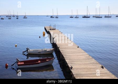 Playa Barnuevo, Steg, Boote, Idyll, Santiago de la Ribera, Mar Menor, autonome Region Murcia, Spanien, Stockfoto