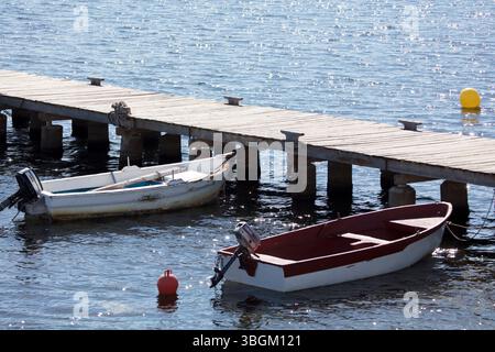 Playa Barnuevo, Steg, Boote, Idyll, Santiago de la Ribera, Mar Menor, autonome Region Murcia, Spanien, Stockfoto