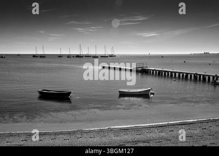 Playa Barnuevo, Steg, Boote, Idyll, Santiago de la Ribera, Mar Menor, autonome Region Murcia, Spanien, Stockfoto