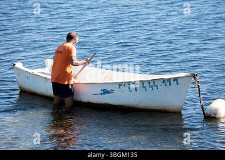 Playa Barnuevo, Boot, Fischer, Idyll, Santiago de la Ribera, Mar Menor, autonome Region Murcia, Spanien, Stockfoto
