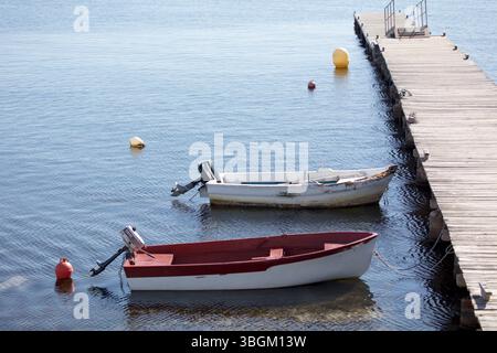 Playa Barnuevo, Steg, Boote, Idyll, Santiago de la Ribera, Mar Menor, autonome Region Murcia, Spanien, Stockfoto