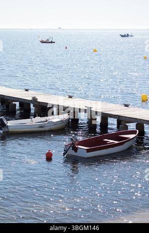 Playa Barnuevo, Steg, Boote, Idyll, Santiago de la Ribera, Mar Menor, autonome Region Murcia, Spanien, Stockfoto