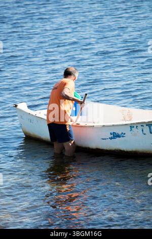 Playa Barnuevo, Boot, Fischer, Idyll, Santiago de la Ribera, Mar Menor, autonome Region Murcia, Spanien, Stockfoto
