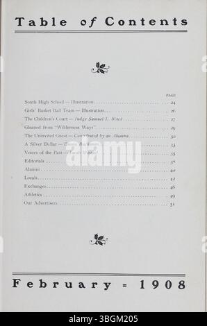 Diese Seite aus dem ersten Jahrbuch der South High School, The Optic (1907–1908), bietet einen Überblick über die Geschichte der Schule. Die South High School mit Sitz in Columbus, Ohio, ist seit ihrer Gründung im Jahr 1895 eine bedeutende Bildungseinrichtung. Das Jahrbuch zeigt die Entwicklung der Schule von frühen provisorischen Gebäuden bis zu ihrem dauerhaften Zuhause in der 1160 Ann Street im Jahr 1924. Stockfoto