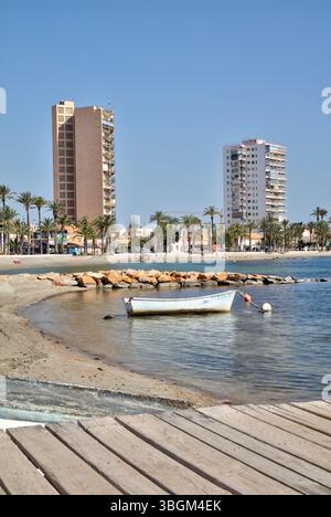 Playa de Colon, Strand, Architektur, Santiago de Ribera, Mar Menor, autonome Region Murcia, Spanien, Stockfoto