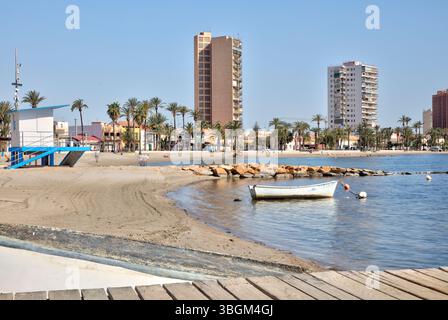Playa de Colon, Strand, Architektur, Santiago de Ribera, Mar Menor, autonome Region Murcia, Spanien, Stockfoto