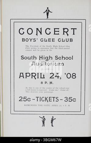Das Jahrbuch der South High School 1907-1908, „The Optic“, Band 1, Nummer 1, dokumentiert die Geschichte der Schule von ihren Anfängen im Jahr 1895. Das Jahrbuch enthält Details über die Fakultät, die Schüler, die Aktivitäten und den Übergang zum Gebäude der Ann Street im Jahr 1924. Das Barrett Junior High Building der South High School, benannt nach dem ersten Direktor, wurde 2006 geschlossen. Stockfoto