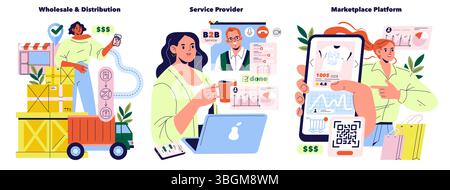 Vektorabbildung mit Großhandelsvertrieb mit einem Mitarbeiter und einer Box, einem Dienstanbieter mit einem Laptop und einer Marktplattform auf einem Smartphone. Geschäftskonzepte werden visualisiert. Stock Vektor