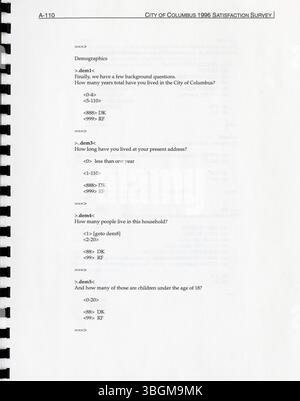 Die Kundenzufriedenheitsstudie der Stadt Columbus 1996, die vom Strategieteam in Auftrag gegeben wurde, misst die Zufriedenheit der Einwohner mit den Dienstleistungen in der Stadt. Sie liefert wichtige Rückmeldungen für die Zielsetzung, die Politikbewertung und die Haushaltsplanung für das kommende Jahr. Dieser Bericht ist die Aktualisierung der früheren Studien aus den Jahren 1994 und 1995 für 1996 und verstärkt die Bemühungen um Verbesserung der städtischen Dienstleistungen auf der Grundlage der Rückmeldungen der Bürger. Stockfoto