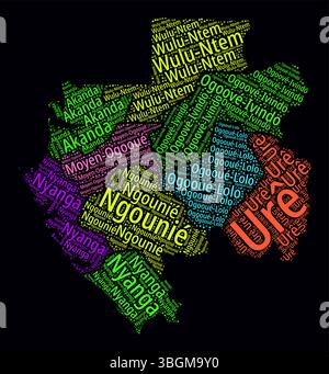 Gabon Word Cloud. Regionale Namen des Landes in französischer Sprache. Helles Neondesign auf dunklem Hintergrund. Stock Vektor