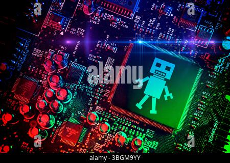 Computerchip mit Robotersymbol, künstliche Intelligenz, Fotomontage Stockfoto