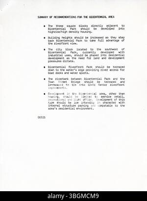 Der Bericht der Riverfront Development Task Force von 1984 enthält eine Reihe von Empfehlungen, die integraler Bestandteil der Formulierung des Riverfront Strategic Plans für Columbus, Ohio, waren. Stockfoto