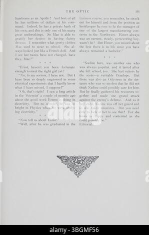 Das Optic, Band 1, Nummer 1, Jahrbuch der South High School von 1907-1908 beschreibt die Geschichte der Schule und den Übergang zwischen Gebäuden im Laufe der Zeit. Die South High, gegründet in Columbus, Ohio, begann 1895 und hatte mehrere Standorte und zog 1924 schließlich in ihr jetziges Gebäude an der Ann Street. Das Jahrbuch enthält Informationen zu Studenten und Lehrkräften. Stockfoto