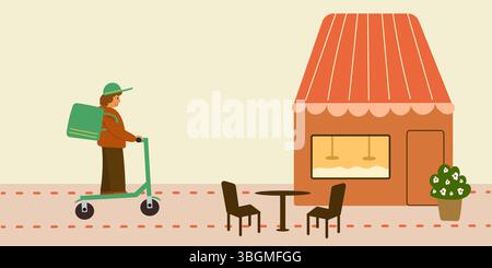 Lieferung auf Elektroroller. Essenslieferkurier, der mit dem Roller in der Nähe des Cafés fährt. Stock Vektor