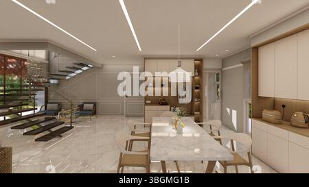 Moderner Essbereich mit schwebenden Treppenhäusern aus Holz und Marmor Stockfoto