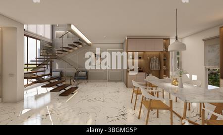 Modernes doppeltes Foyer und Essbereich mit schwimmender Treppe und Marmorelementen Stockfoto