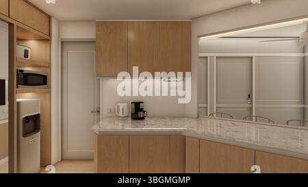 Minimalistische modulare Küche mit natürlichen Holzschränken und dezenter Beleuchtung Stockfoto
