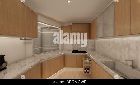 Minimalistische modulare Küche mit natürlichen Holzschränken und dezenter Beleuchtung Stockfoto