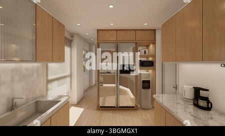 Moderne Küche mit Holzschränken und Einbaugeräten Stockfoto