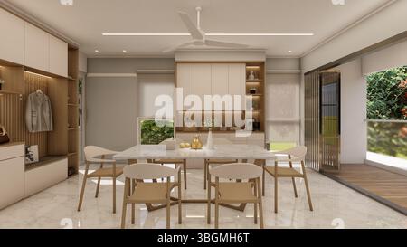 Modernes, minimalistisches Esszimmer mit neutralen Farbtönen und natürlichem Licht Stockfoto