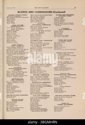 In diesem Teil des Columbus City Bulletins 1972 werden die Beratungen des stadtrates, Verordnungen, Beschlüsse, Ausschreibungen für Angebote und Angebote, Aktualisierungen des öffentlichen Dienstes sowie Details über die Aktivitäten des Board of Purchase und der Stadtverwaltung vorgestellt. Stockfoto