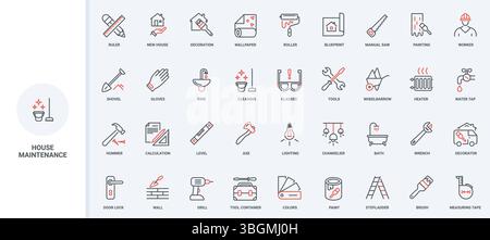 Symbolsatz für Bau-, Renovierungs- und Reinigungsservice. Reparatur- und Wartungstechniker Werkzeuge, Ausrüstung und Materialien, Hausplan dünne schwarze und rote Umrisssymbole Vektorillustration Stock Vektor