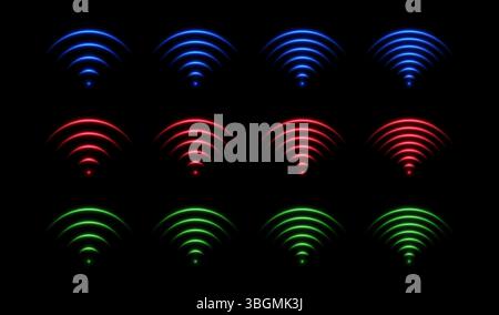 WLAN-Signallichteffekt. Schallwellen- oder Radarleuchten. Gruppe isolierter Vektorelemente auf schwarzem Hintergrund. Stock Vektor