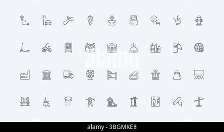 Öffentliche Straße und Brücke, Krankenhaus und Vergnügungspark dünne schwarze Umrisssymbole Vektor-Illustration. Städtische Infrastruktur und städtische Gebäude, geschäftliche Wolkenkratzer und Verkehrslinien Stock Vektor