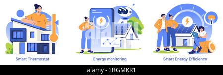 Vektor-Illustration eines intelligenten Energiesystems für Zuhause, das einen Thermostat, Energieüberwachung und Effizienz mit Solarmodulen und digitaler Steuerung zeigt, wie Menschen mit Geräten interagieren. Stock Vektor