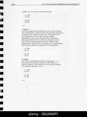 Die 1996 von der Stadt Columbus in Auftrag gegebene Studie zur Kundenzufriedenheit bewertet die öffentliche Wahrnehmung von Dienstleistungen und Einrichtungen in der Stadt. Es unterstützt die Festlegung von Servicezielen, die Bewertung von Richtlinien und die Zuweisung von Budgets für das Jahr, aufbauend auf früheren Studien in den Jahren 1994 und 1995. Stockfoto