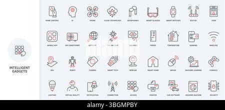 Intelligente Gadgets für zu Hause, Geräte mit kabelloser Steuerung über mobile App Line-Symbolsatz. Benachrichtigung, Cloud-Management-Technologie, KI-Unterstützung für dünne schwarze und rote Umrisssymbole Vektorillustration Stock Vektor