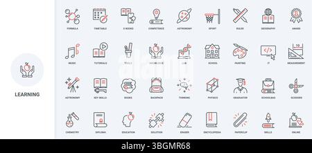 Bildung, Online-Lernen und Wissen für Denkfähigkeiten, intelligente Lösungen – Symbolsatz. Schulunterricht und Diplom, Bücher dünne schwarze und rote Umrisssymbole Vektor-Illustration Stock Vektor