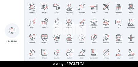Bildung, Online-Lernen und Wissen für Denkfähigkeiten, intelligente Lösungen – Symbolsatz. Schulunterricht und Diplom, Bücher dünne schwarze und rote Umrisssymbole Vektor-Illustration Stock Vektor