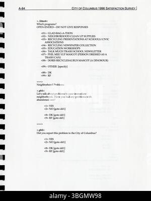 In diesem Bericht von 1996 wird die Zufriedenheit der Bürger mit der Qualität der Dienstleistungen in Columbus bewertet. Sie bietet Einblicke in die Perspektiven der Kommunen auf lokale Politik und bietet Orientierungshilfen zur Verbesserung der Dienstleistungen, zur Budgetzuweisung und zur Entscheidungsfindung der Regierung für das kommende Jahr. Stockfoto