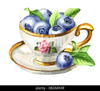 Vintage-Tasse mit frischen Blaubeeren. Aquarell handgemalte Illustration, isoliert auf weißem Hintergrund Stockfoto