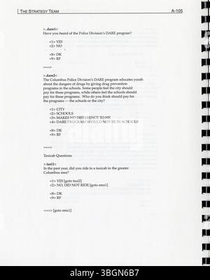 Die 1996 von der Stadt Columbus in Auftrag gegebene und vom Strategieteam durchgeführte Studie zur Kundenzufriedenheit der Stadt Columbus bewertet die Wahrnehmung kommunaler Dienstleistungen durch die Bürger. Die Studie hilft dabei, Serviceziele festzulegen, Richtlinienansichten zu bewerten und Budgetzuweisungen zu leiten. Dieser Bericht ist eine Fortsetzung ähnlicher Studien aus den Jahren 1994 und 1995, die auf die Verbesserung der Dienstleistungsqualität und die Grundlage politischer Entscheidungen gerichtet sind. Stockfoto
