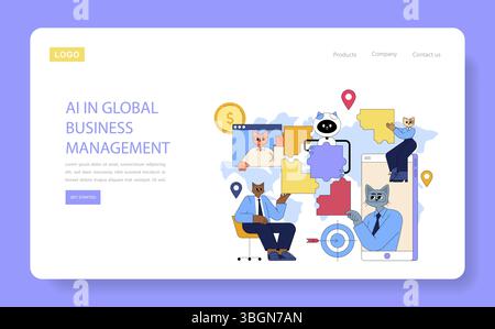 KI im globalen Unternehmensmanagement veranschaulicht die Integration künstlicher Intelligenz in Unternehmensstrategien. Es steht für Zusammenarbeit, Datenanalyse und Innovation in einem sich entwickelnden Markt. Vektorabbildung. Stock Vektor