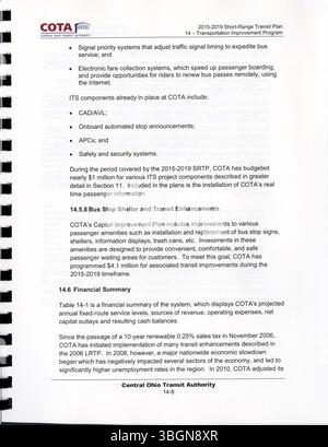 Das Transportation Improvement Program (TIP) 2015 bietet einen detaillierten vierjährigen Zeitplan für Verkehrsprojekte in Columbus von 2016 bis 2019. Der von MORPC produzierte TIP gewährleistet die Einhaltung der Bundesvorschriften, um die Finanzierung für notwendige Infrastrukturverbesserungen sicherzustellen. Stockfoto