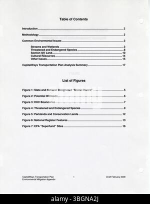 Im Anhang des CapitalWays Transportation Plan 2008 werden Umweltschutzmaßnahmen für regionale Verkehrsinitiativen erörtert. Das vom MORPC erstellte Dokument beschreibt Strategien zur Berücksichtigung von Umweltbelangen bei der Verkehrsentwicklung zwischen 2000 und 2030. Stockfoto