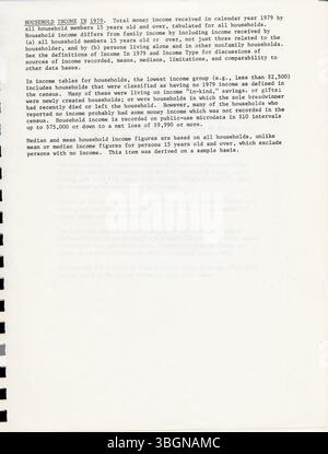 Summary Tape File 3A, Teil der Volkszählung von 1980, enthält Beispieldaten, die aufgebläht sind, um die Gesamtpopulation darzustellen. Sie deckt verschiedene geografische Einheiten ab und liefert einen Bericht für Einzelpersonen, die an Einkommensdaten interessiert sind, ohne dass der vollständige Satz von STF3A-Statistiken benötigt wird. Stockfoto