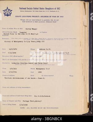 Dieser Band aus dem Jahr 1941 ist Teil einer mehrbändigen Sammlung, die die Begräbnisstätten von Soldaten aus Ohio identifizieren soll, die während des Krieges von 1812 dienten. Sie liefert wertvolle historische Daten für die Erforschung militärischer Grabstätten und Genealogie. Stockfoto